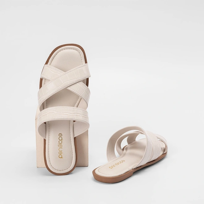 Rasteira Feminina Penélope Tiras Cruzados Textura Crocro Off White