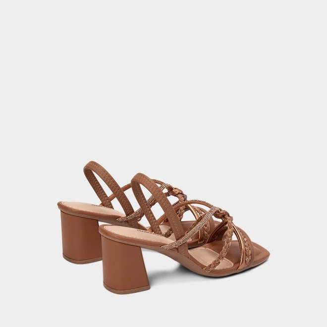Sandália Feminina Dakota Salto Médio Bloco Tiras Tressê & Strass Caramelo