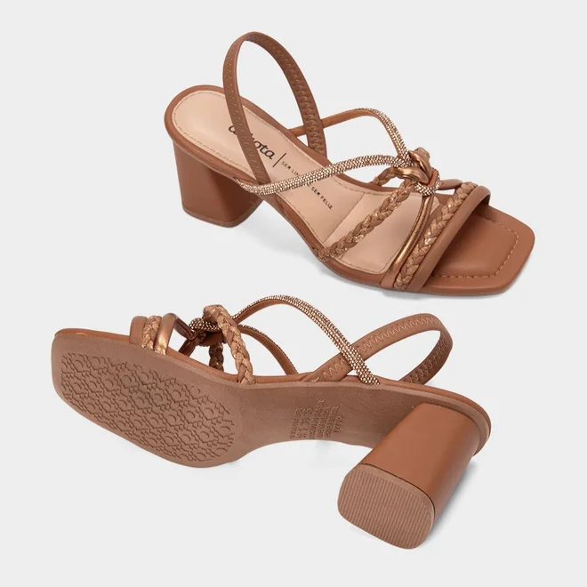 Sandália Feminina Dakota Salto Médio Bloco Tiras Tressê & Strass Caramelo