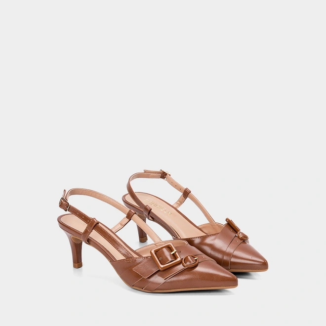Scarpin Slingback Feminino Gabriela Salto Fino Médio Tiras Fivela Marrom