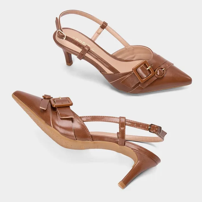 Scarpin Slingback Feminino Gabriela Salto Fino Médio Tiras Fivela Marrom