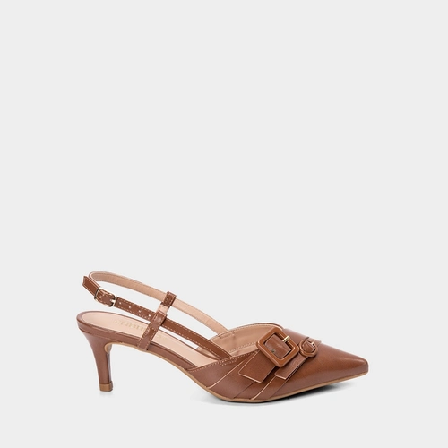 Scarpin Slingback Feminino Gabriela Salto Fino Médio Tiras Fivela Marrom