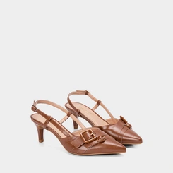 Scarpin Slingback Feminino Gabriela Salto Fino Médio Tiras Fivela Marrom