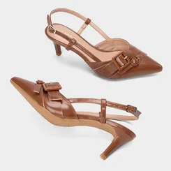 Scarpin Slingback Feminino Gabriela Salto Fino Médio Tiras Fivela Marrom