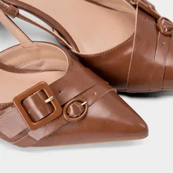Scarpin Slingback Feminino Gabriela Salto Fino Médio Tiras Fivela Marrom