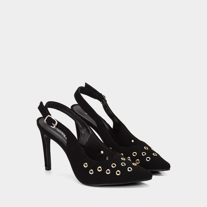 Scarpin Slingback Feminino Gabriela Salto Fino Alto Detalhe Ilhós Preto