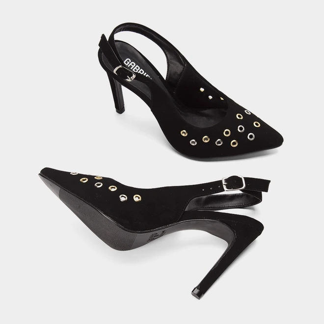 Scarpin Slingback Feminino Gabriela Salto Fino Alto Detalhe Ilhós Preto