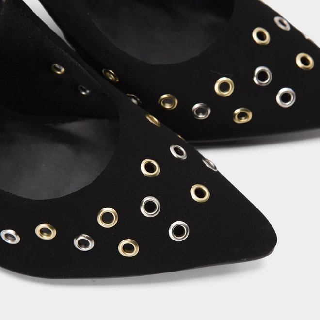 Scarpin Slingback Feminino Gabriela Salto Fino Alto Detalhe Ilhós Preto