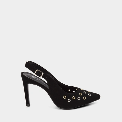 Scarpin Slingback Feminino Gabriela Salto Fino Alto Detalhe Ilhós Preto