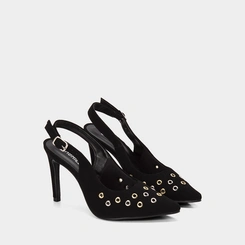 Scarpin Slingback Feminino Gabriela Salto Fino Alto Detalhe Ilhós Preto