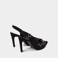 Scarpin Slingback Feminino Gabriela Salto Fino Alto Detalhe Ilhós Preto