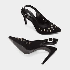 Scarpin Slingback Feminino Gabriela Salto Fino Alto Detalhe Ilhós Preto