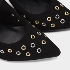 Scarpin Slingback Feminino Gabriela Salto Fino Alto Detalhe Ilhós Preto