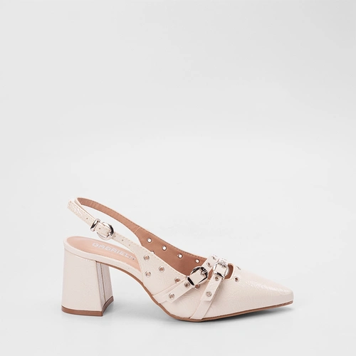 Scarpin Slingback Feminino Gabriela Verniz Texturizada Detalhe Ilhós & Fivela Off White