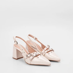 Scarpin Slingback Feminino Gabriela Verniz Texturizada Detalhe Ilhós & Fivela Off White