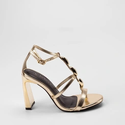 Sandália Feminina Bebecê Salto Alto Reto Detalhe Enfeite Bold Metalizado Ouro
