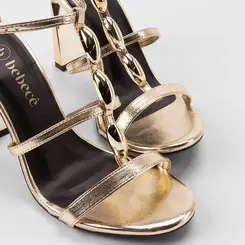 Sandália Feminina Bebecê Salto Alto Reto Detalhe Enfeite Bold Metalizado Ouro