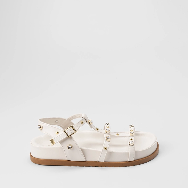 Sandália Papete Gabriela Tira Slim Detalhe Rebite & Pedraria Off White