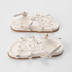 Sandália Papete Gabriela Tira Slim Detalhe Rebite & Pedraria Off White