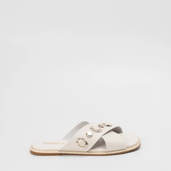 Rasteira Feminina Gabriela Tiras Cruzadas Pedraria Off-White