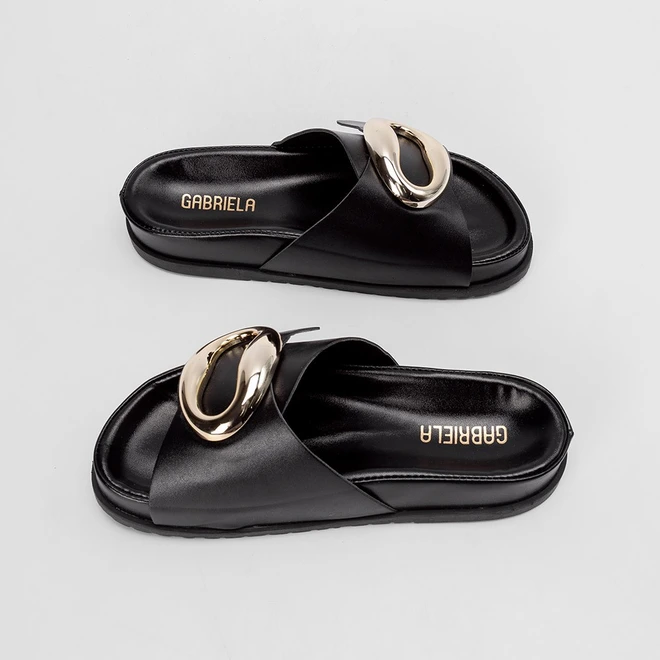 Tamanco Rasteiro Feminino Gabriela Detalhe Bold Preto