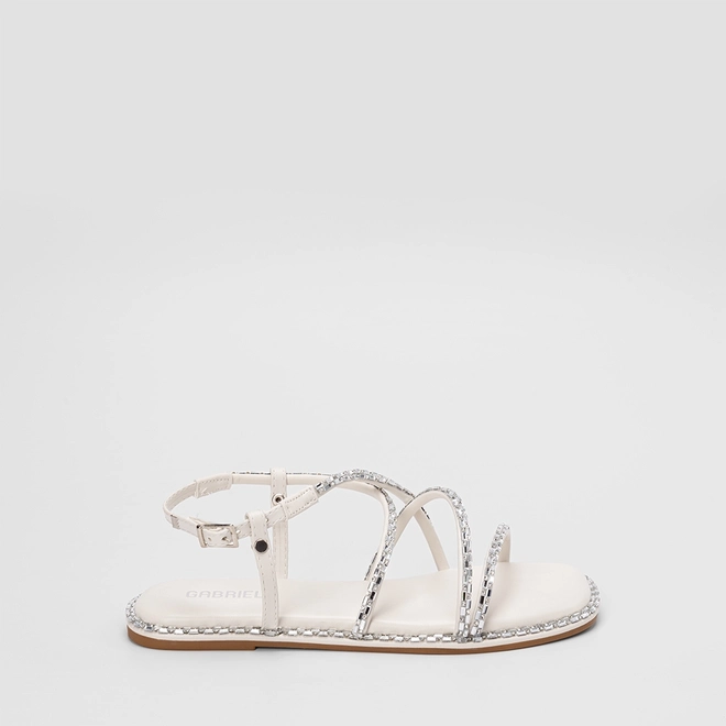 Sandália Rasteira Feminina Gabriela Multitiras Detalhe Pedraria Off White