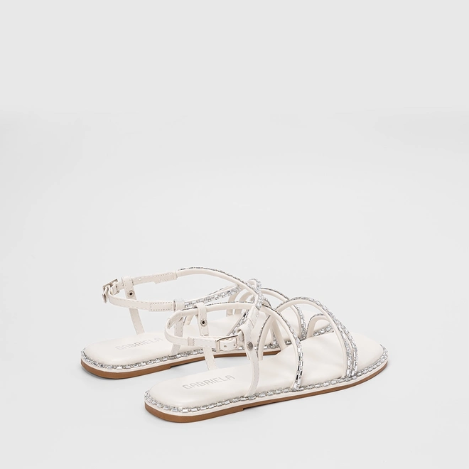 Sandália Rasteira Feminina Gabriela Multitiras Detalhe Pedraria Off White