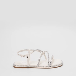 Sandália Rasteira Feminina Gabriela Multitiras Detalhe Pedraria Off White