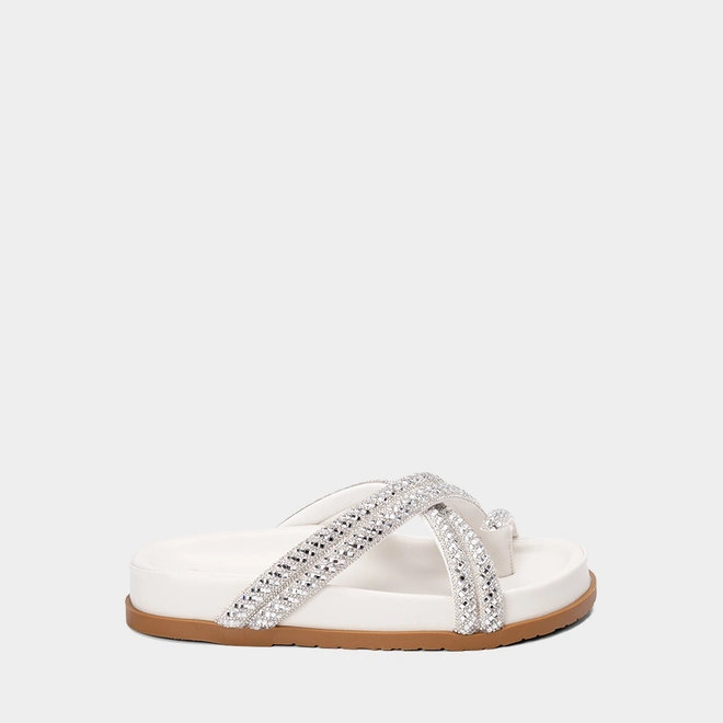 Rasteira Feminina Gabriela Tiras Cruzada Strass Off White