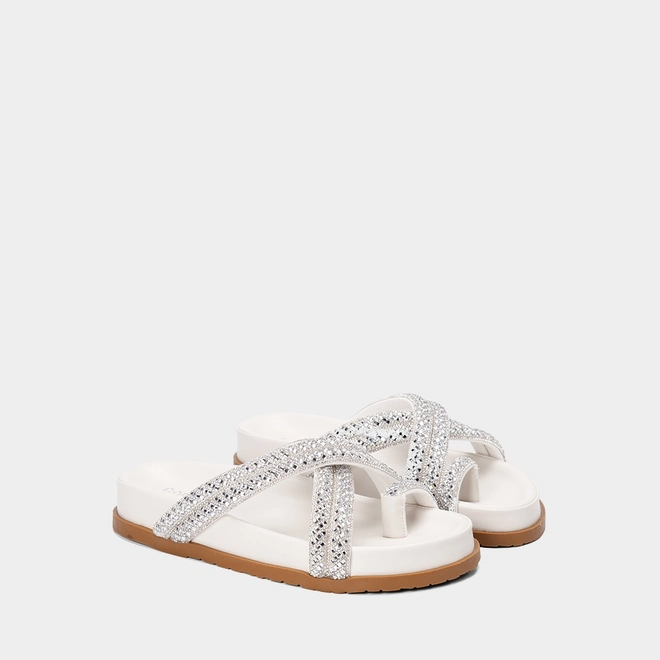 Rasteira Feminina Gabriela Tiras Cruzada Strass Off White