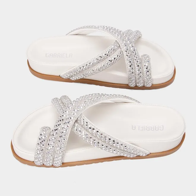 Rasteira Feminina Gabriela Tiras Cruzada Strass Off White
