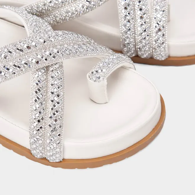 Rasteira Feminina Gabriela Tiras Cruzada Strass Off White