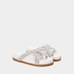 Rasteira Feminina Gabriela Tiras Cruzada Strass Off White