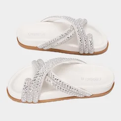 Rasteira Feminina Gabriela Tiras Cruzada Strass Off White