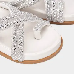 Rasteira Feminina Gabriela Tiras Cruzada Strass Off White