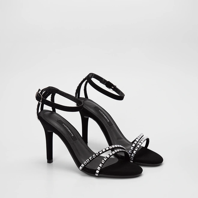Sandália Feminina Via Marte Salto Alto Fino Detalhe Pedraria Nobuck Preto