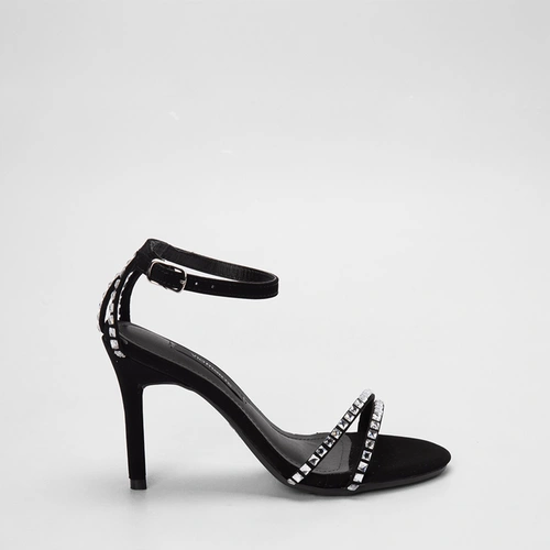 Sandália Feminina Via Marte Salto Alto Fino Detalhe Pedraria Nobuck Preto