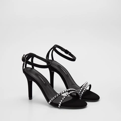 Sandália Feminina Via Marte Salto Alto Fino Detalhe Pedraria Nobuck Preto