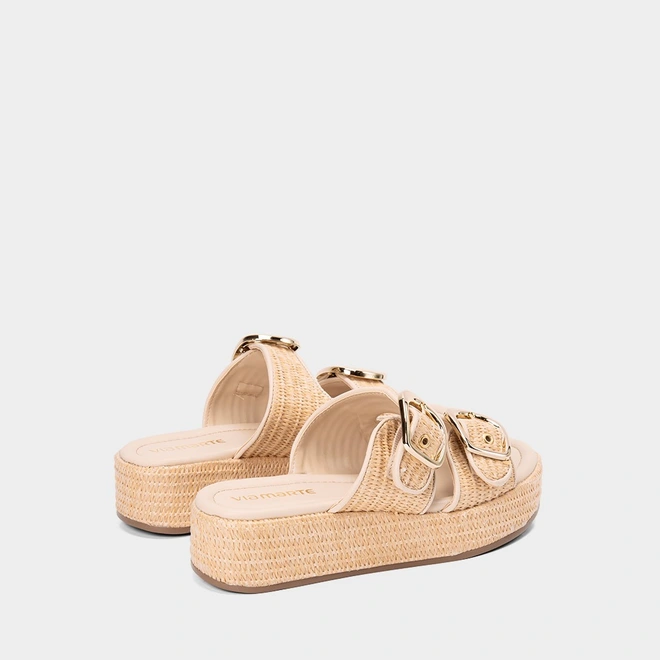 Tamanco Feminino Via Marte Tiras Duplas Fivela Ráfia Bege