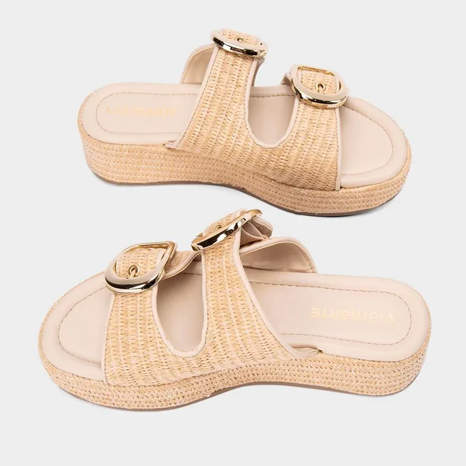 Tamanco Feminino Via Marte Tiras Duplas Fivela Ráfia Bege