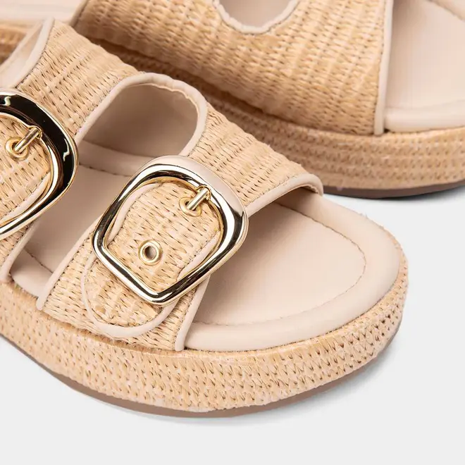 Tamanco Feminino Via Marte Tiras Duplas Fivela Ráfia Bege