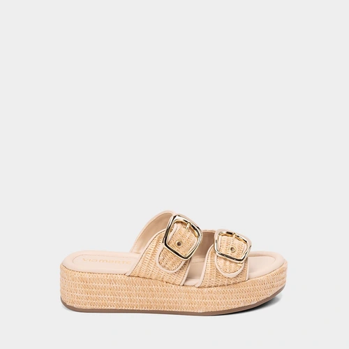 Tamanco Feminino Via Marte Tiras Duplas Fivela Ráfia Bege