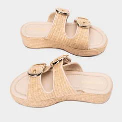 Tamanco Feminino Via Marte Tiras Duplas Fivela Ráfia Bege