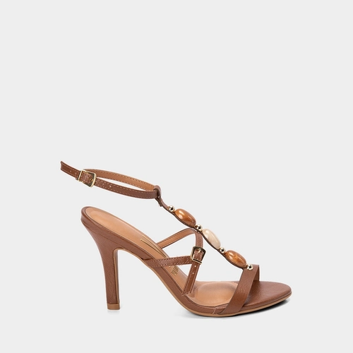 Sandália Feminina Vizzano Salto Alto Fino Pedraria Marrom