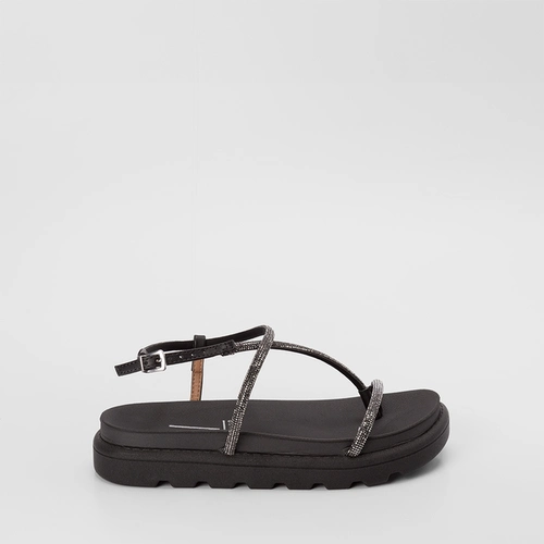 Sandália Rasteira Feminina Vizzano Tiras Strass Preto