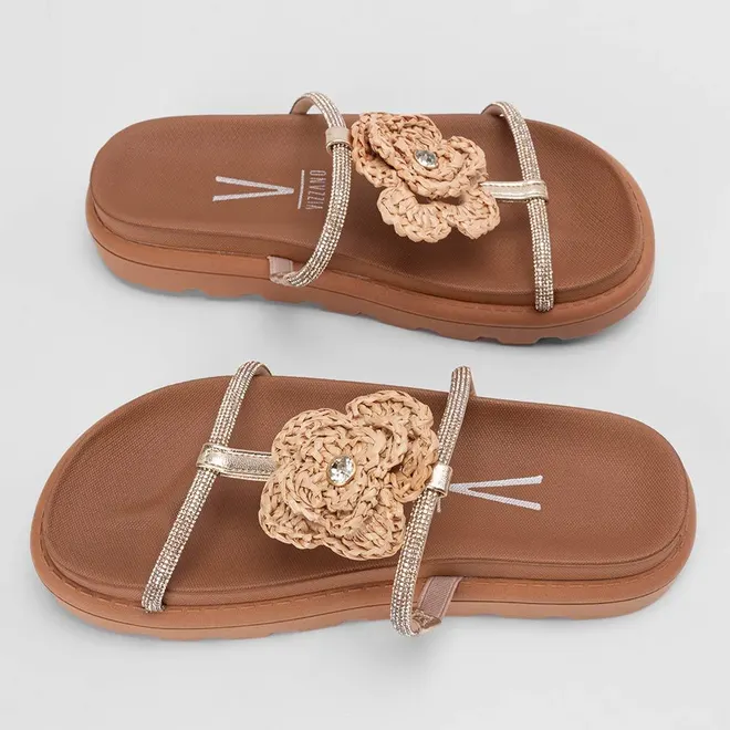 Tamanco Papete Feminino Vizzano Tira Strass Detalhe Flor em Ráfia Bege