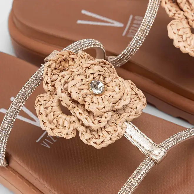 Tamanco Papete Feminino Vizzano Tira Strass Detalhe Flor em Ráfia Bege