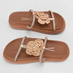 Tamanco Papete Feminino Vizzano Tira Strass Detalhe Flor em Ráfia Bege