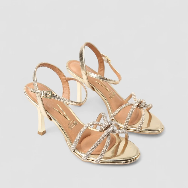 Sandália Feminina Vizzano Original Salto Alto Strass Ouro