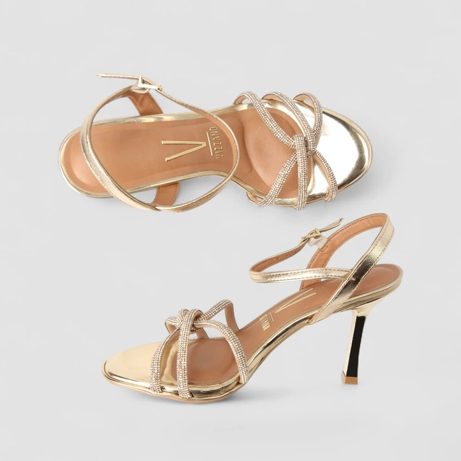 Sandália Feminina Vizzano Original Salto Alto Strass Ouro